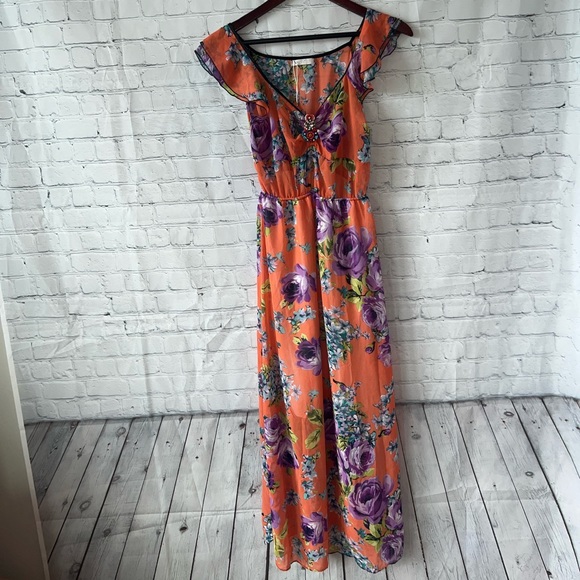Julia B Orange, blue & purple floral long dress size S - Picture 4 of 11